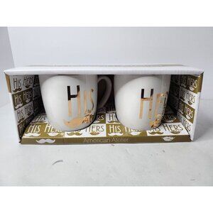 AMERICAN Atelier His And Hers Coffee Mug Set Lips Mustache Gold Accent 15 oz NEW